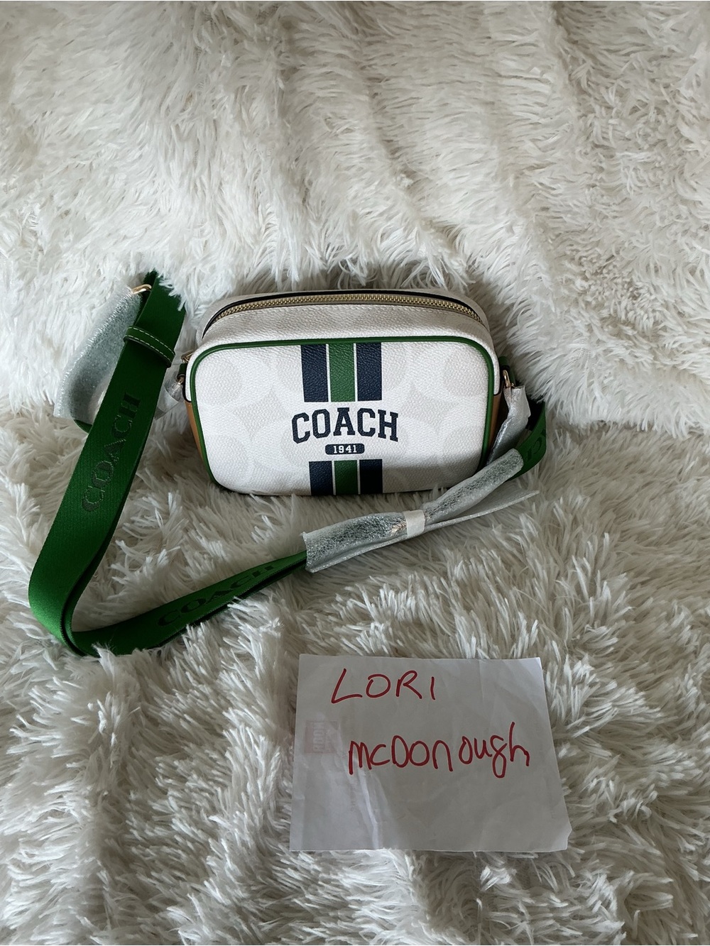 Coach mini Varsity White Crossbody with Green and Navy Stripe Accents
